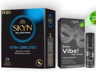 SKYN Extra Lube 24 шт + SEXY VIBE найвищий рівень вібраціі, 15 мл ORGIE SOS7036 фото
