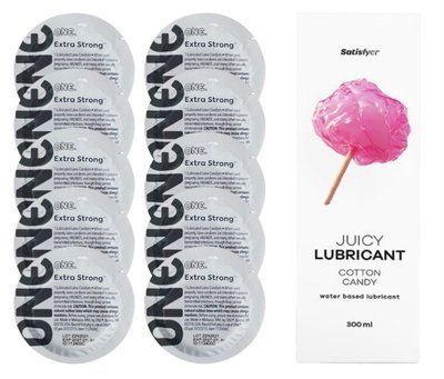 Комплект ONE Extra strong 10 шт. + Лубрикант Satisfyer Juicy Lubricant Cotton Candy (300 мл) SOS12250 фото