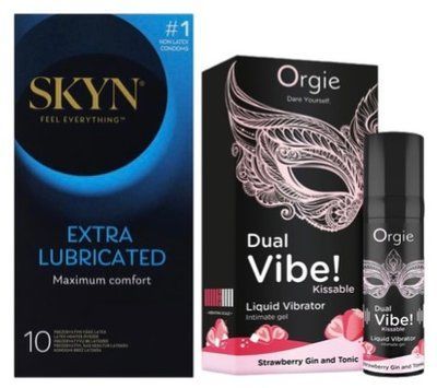 Набор из SKYN Extra Lube (10 шт) + Жидкий вибратор Orgie Dual Vibe! Strawberry Gin & Tonic Kissable Liquid Vibrator (15 мл) SOS10191 фото