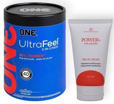 Набор из ONE UltraFeel 2-in-1 Pack 40 шт + Пролонгатор Doc Johnson Power+ с Yohimbe Delay Cream For Men 56 г SOS9081 фото