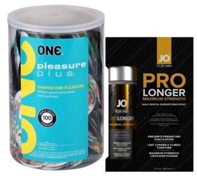 Набор из ONE Pleasure Plus, 100 шт + Пролонгатор JO Prolonger Spray with Lidocaine (60 мл) SOS9131 фото