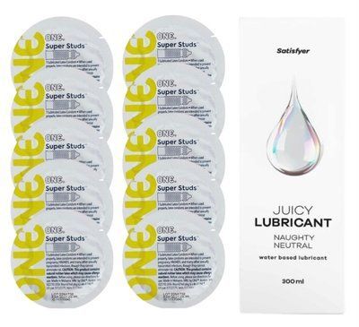 Комплект 𝐎𝐍𝐄 𝐒𝐮𝐩𝐞𝐫 𝐒𝐭𝐮𝐝𝐬 10 шт. + Лубрикант Satisfyer Juicy Lubricant Naughty Neutral (300 мл) SOS12350 фото