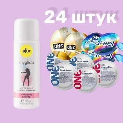 Набір 24 штук ONE Classic, Ribs, Ultra-Feel, Flavor Waves + Лубрикант pjur my glide 30 мл SOS4713 фото