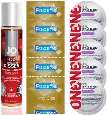 Набір 10 шт Pasante King Size та ONE Tattoo Touch + System JO H2O &mdash; Strawberry Kiss(30 мл) SOS4917 фото
