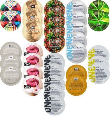 Набор с 33 шт ONE Extreme Ribs + ONE Vanish + ONE Tattoo + ONE Sensitive + ONE Glowing + ONE Pleasure Dome + ONE Bubblegum + ONE Extra Strong + ONE Legend XL + ONE Super Studs SOS8331 фото