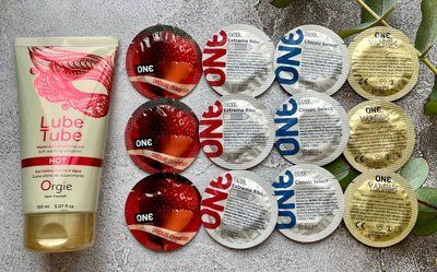 Набір 12 шт ONE Classic, Extreme Ribs, Flavor Waves, Vanish + лубрикант LUBE TUBE HOT, 150 мл ORGIE SOS2434 фото
