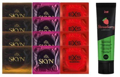 Комплект: Смазка Intt Strawberry (100 мл) + 8 шт SKYN + 4 шт EXS Warming Comfy Fit SOS10392 фото