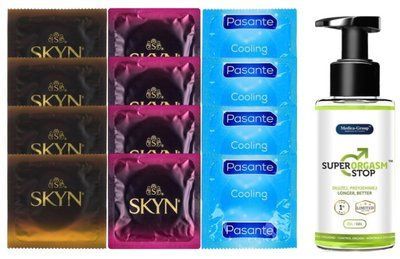 Комплект: Пролонгатор Super Orgasm Stop Гель (150 мл) + 8 шт. SKYN + 4 шт. Pasante Cooling SOS10796 фото