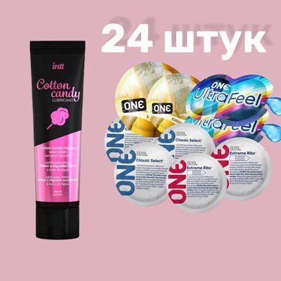 Набір 24 штук ONE Classic, Ribs, Ultra-Feel, Flavor Waves + Лубрикант Intt Cotton Candy (100 мл) SOS4714 фото