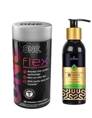 ONE Flex 10 шт.+ Збуджуюча змазка лубрикант Sensuva - Ultra-Stimulating On Insane Caramel Apple (125 мл) SOS6407 фото