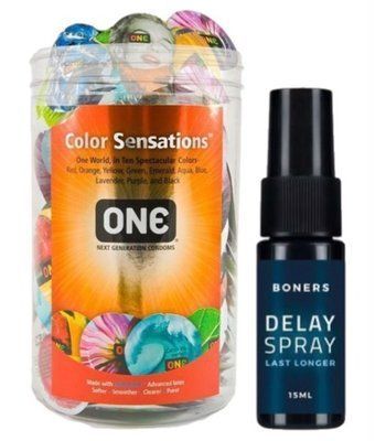 Набор из ONE Color Sensations 100 шт + Пролонгатор Boners Delay Spray 15 мл SOS9183 фото