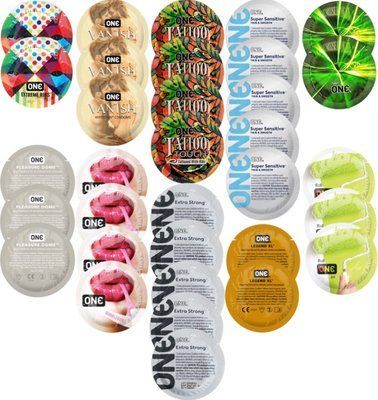 Набор с 33 шт ONE Extreme Ribs + ONE Vanish + ONE Tattoo + ONE Sensitive + ONE Glowing + ONE Pleasure Dome + ONE Bubblegum + ONE Extra Strong + ONE Legend XL + ONE Color  SOS8332 фото
