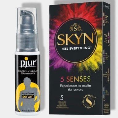 SKYN 5 Senses 5 шт + Пролонгатор pjur Superhero Serum 20 мл SOS5801 фото