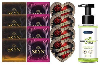 Комплект: Пролонгатор Super Orgasm Stop Гель (150 мл) + 8 шт. SKYN + 4 шт. Pasante Heart SOS10797 фото