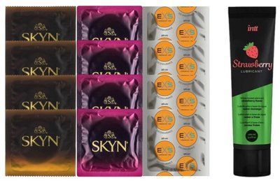 Комплект: Смазка Intt Strawberry (100 мл) + 8 шт SKYN + 4 шт EXS Delay SOS10393 фото