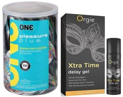 Набор из ONE Pleasure Plus, 100 шт + Пролонгатор X-TRA TIME, 15 мл ORGIE SOS9133 фото