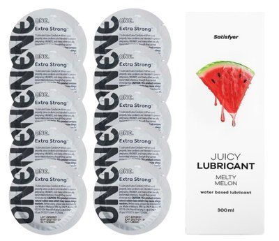 Комплект ONE Extra strong 10 шт. + Лубрикант Satisfyer Juicy Lubricant Melty Melon (300 мл) SOS12252 фото