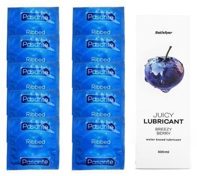 Набір Pasante Ribbed 10 шт. + Лубрикант Satisfyer Juicy Lubricant Breezy Berry (300 мл) SOS12102 фото