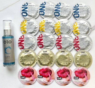 Набор 20 шт - ONE Super Studs, Classic, Vanish, Extreme ribs, Flavor Waves + Лубрикант OLO 60 мл SOS1884 фото