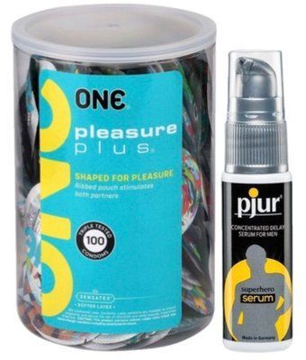 Набор из ONE Pleasure Plus, 100 шт + Пролонгатор pjur Superhero Serum 20 мл SOS9134 фото