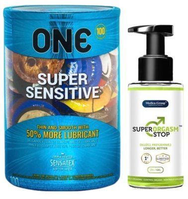 Набор из ONE Super Sensitive 100 шт + Пролонгатор Medica-group Super Orgasm Stop 150 мл SOS9484 фото