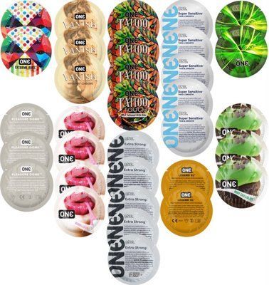 Набор с 33 шт ONE Extreme Ribs + ONE Vanish + ONE Tattoo + ONE Sensitive + ONE Glowing + ONE Pleasure Dome + ONE Bubblegum + ONE Extra Strong + ONE Legend XL + ONE Mint Chocolate SOS8333 фото