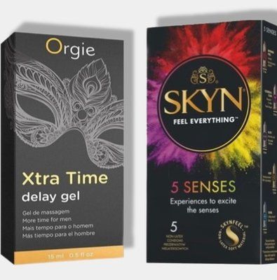 SKYN 5 Senses 5 шт + Пролонгатор X-TRA TIME, 15 мл ORGIE SOS5802 фото