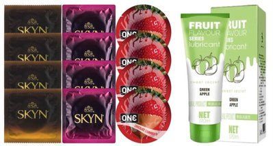Комплект: Лубрикант OLO со вкусом яблока (120 мл) + 8 шт. SKYN + 4 шт. ONE Chocolate Strawberry SOS10748 фото