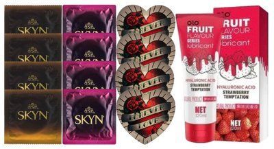 Комплект: Лубрикант OLO со вкусом клубники (120 мл) + 8 шт. SKYN + 4 шт. Pasante Heart SOS10598 фото