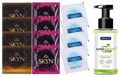 Комплект: Пролонгатор Super Orgasm Stop Гель (150 мл) + 8 шт SKYN + 4 шт Pasante Silk SOS10798 фото