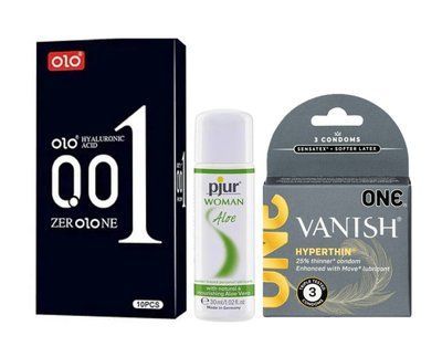 Набір : OLO Black 001 (10 шт) , ONE Vanish Triple Set (3 шт) та Лубрикант Pjur Woman Aloe &ndash; 30 мл SOS990 фото