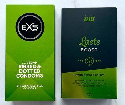 Набір EXS Ribbed & Dotted 12 шт - Пролонгатор для чоловіків Intt Lasts (15 мл) SOS3636 фото