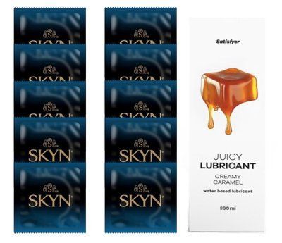 Комплект SKYN Extra Lube 10 шт. + Лубрикант Satisfyer Juicy Lubricant Creamy Caramel 300 мл SOS12555 фото
