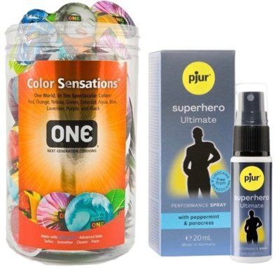 Набор из ONE Color Sensations 100 шт + Пролонгатор pjur Superhero Ultimate Spray 20 мл SOS9184 фото