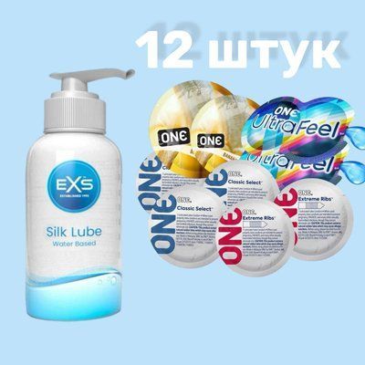 Набор 12 штук ONE Classic, Ribs, Ultra-Feel, Flavor Waves + Лубрикант EXS Aloe Vera Silk Lube, 250 мл SOS4716 фото