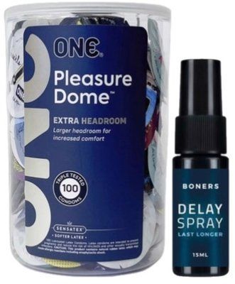 Набор из ONE Pleasure Dome, 100 шт + Пролонгатор Boners Delay Spray 15 мл SOS9585 фото