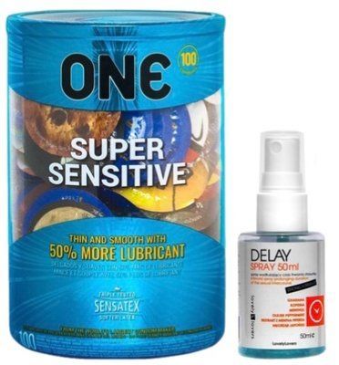 Набор из ONE Super Sensitive 100 шт + Пролонгатор LOVELY LOVERS DELAY SPRAY 50 ML SOS9485 фото