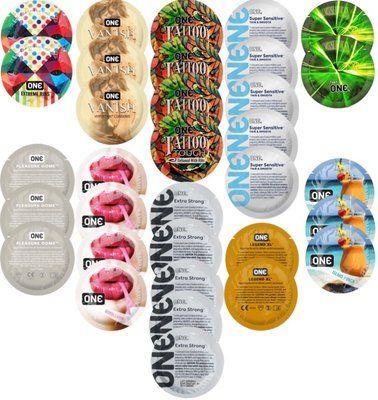 Набор с 33 шт ONE Extreme Ribs + ONE Vanish + ONE Tattoo + ONE Sensitive + ONE Glowing + ONE Pleasure Dome + ONE Bubblegum + ONE Extra Strong + ONE Legend XL + ONE Island Punch SOS8334 фото