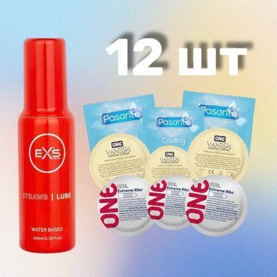 Комплект 12 шт One, Pasante + Лубрикант EXS Strawberry Lube Water Based 100 мл SOS4286 фото