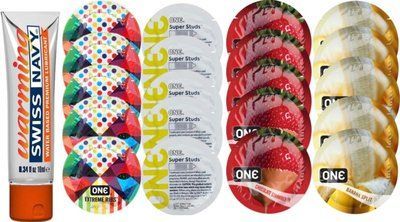 Набор из Swiss Navy Warming 10мл + ONERibs + ONE Studs + ONEChocolateStrawberry + ONEBanana SOS8585 фото