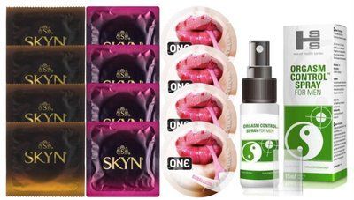 Комплект: Пролонгатор SHS Orgasm Control Spray 15 мл + 8 шт. SKYN + 4 шт. ONE Bubblegum SOS10899 фото