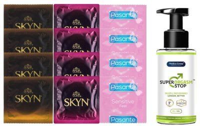 Комплект: Пролонгатор Super Orgasm Stop Гель (150 мл) + 8 шт. SKYN + 4 шт. Pasante sensitive SOS10799 фото