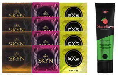 Комплект: Смазка Intt Strawberry (100 мл) + 8 шт SKYN + 4 шт EXS Mixed Flavors Banana SOS10395 фото