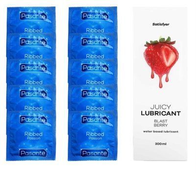 Комплект Pasante Ribbed 10 шт. + Лубрикант Satisfyer Juicy Lubricant Blast Berry (300 мл) SOS12104 фото