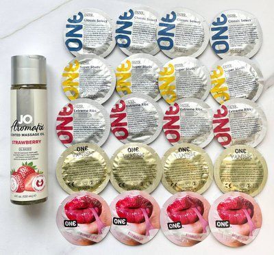 Набор 20 шт - ONE Super Studs, Classic, Vanish, Extreme ribs, Flavor Waves + System JO Aromatix Strawberry 120 мл SOS1886 фото