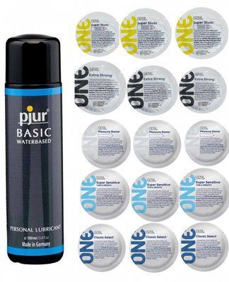 Набор One 15 шт - Studs , Sensitive , Strong , Dome , Classic и Лубрикант Pjur Basic waterbased 100 ml SOS242 фото