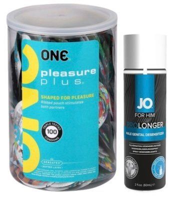 Набор из ONE Pleasure Plus, 100 шт + Пролонгатор System JO Prolonger Spray with Benzocaine (60 мл) SOS9136 фото