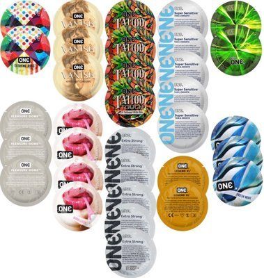 Набор с 33 шт ONE Extreme Ribs + ONE Vanish + ONE Tattoo + ONE Sensitive + ONE Glowing + ONE Pleasure Dome + ONE Bubblegum + ONE Extra Strong + ONE Legend XL + ONE Fresh Mint SOS8335 фото