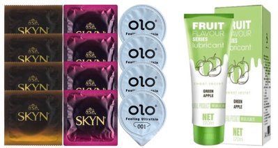 Комплект: Лубрикант OLO со вкусом яблока (120 мл) + 8 шт. SKYN + 4 шт. OLO Feeling Ultrathin 001 SOS10750 фото