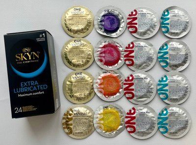 Набір 40 штук Skyn Extra Lube + ONE Color Sensations, Extreme Ribs, Pleasure plus, Vanish SOS2238 фото